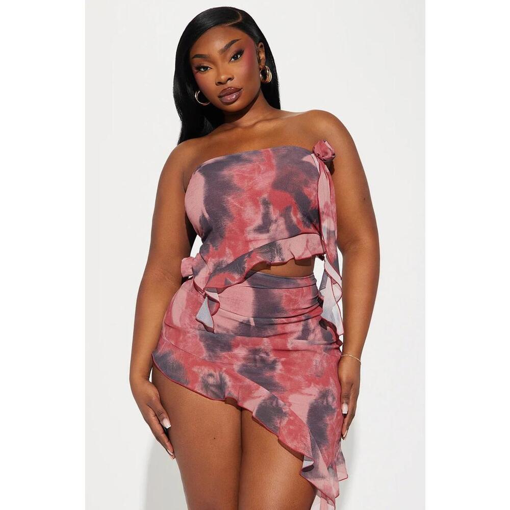 Got Me Looking Chiffon Ruffle Skirt Set - Red/combo
